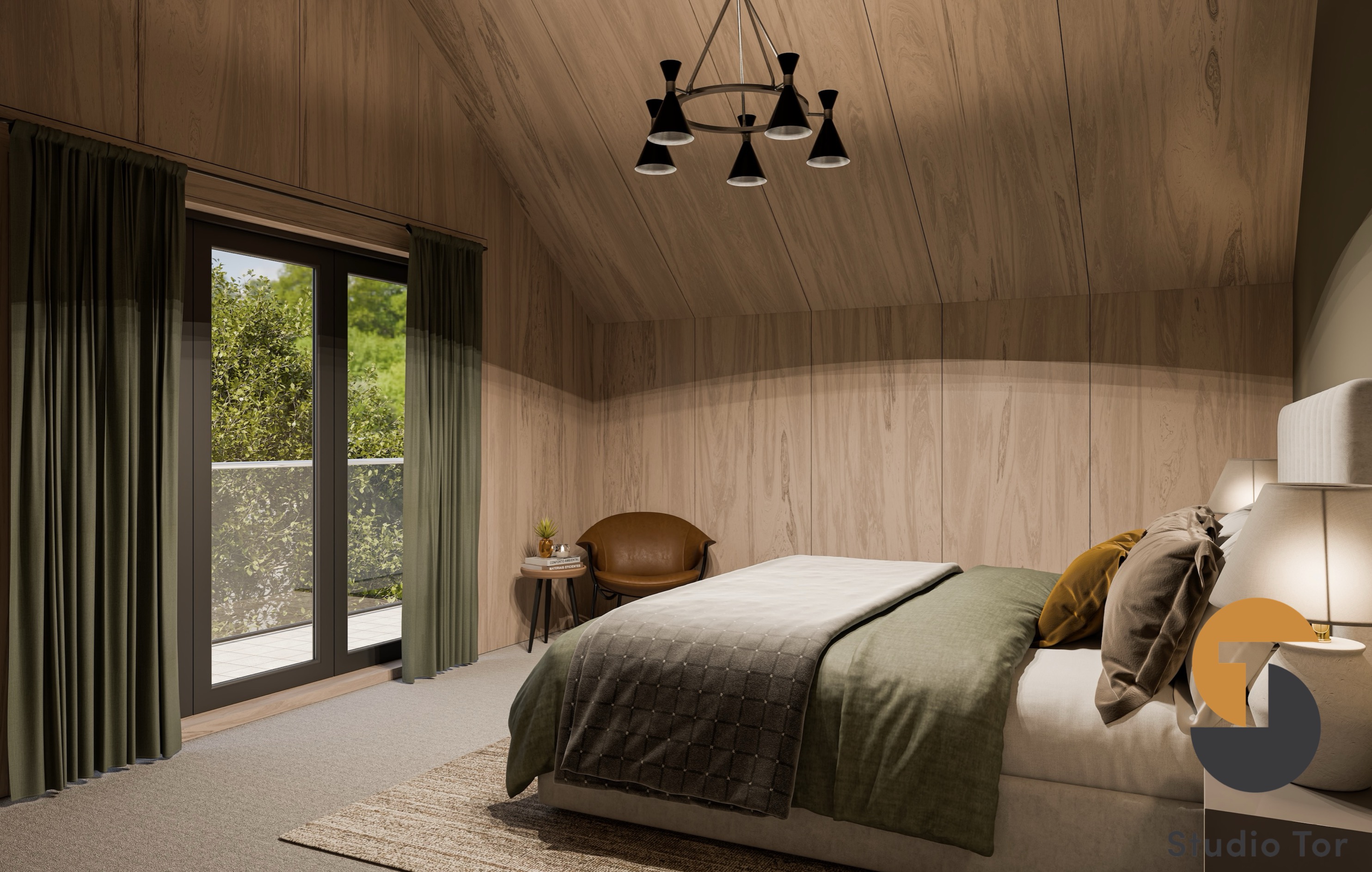 4 Studio Tor Bedroom using Teak for walls and Ceiling vaulted with bi fold doors